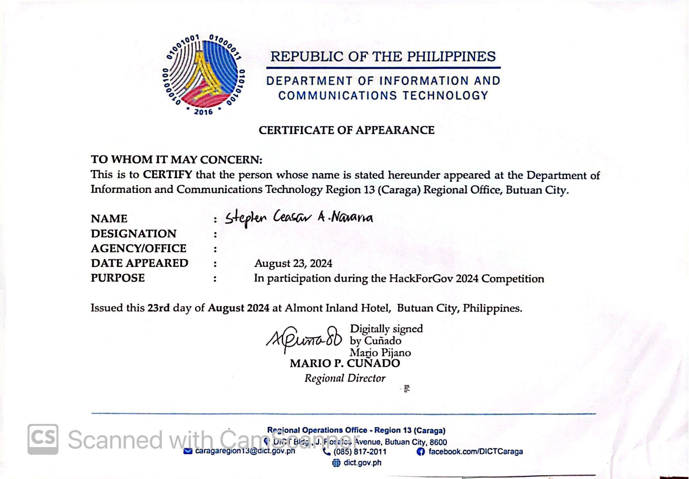 HACKFORGOV - Certificate of Appearance
